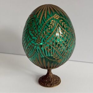 Emerald Green Cut Glass Decorative Egg with Gold Gilt Faberge Style